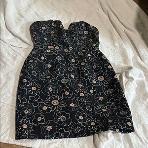 J.O.A. Blue Strapless Dress with Pink Floral Pattern